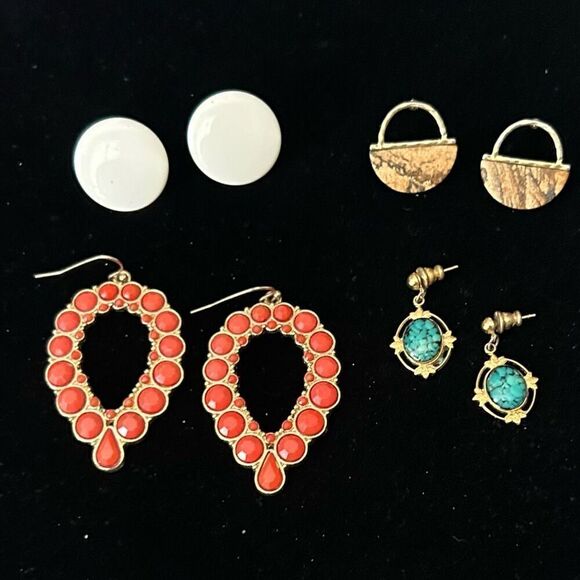 Lot 4 Pair Pierced Earrings Faux Coral Turquoise Tourmaline Dangle Post Goldtone - Picture 1 of 7